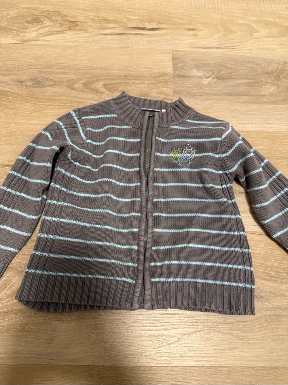 Striped Knit Kids Cardigan Jacket - Gray with Light Blue BRAND : Trois Moutons